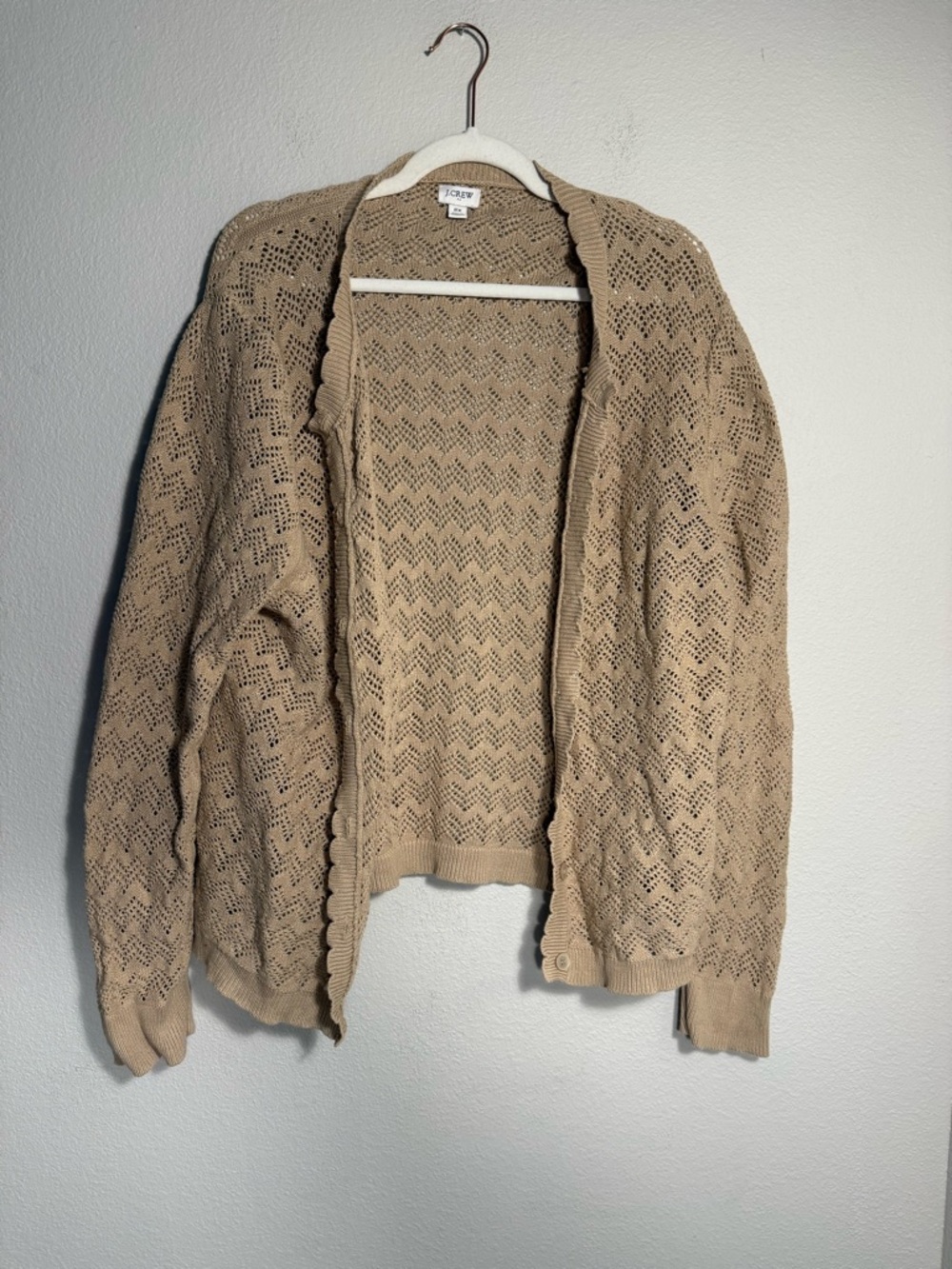 J.Crew Open Knit Cardigan Lightweight Beige Boho Crochet Sweater 2X coastal